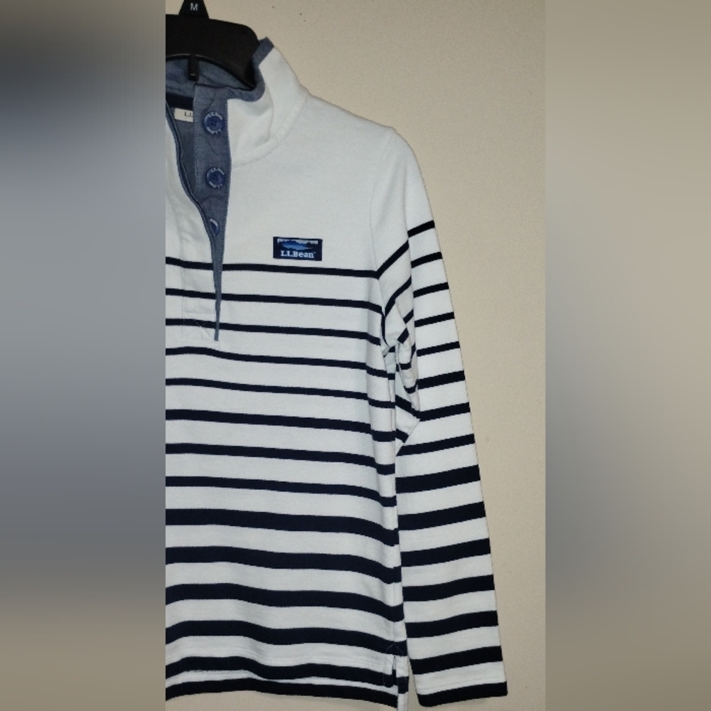 LL Bean Pullover Sweatshirt Womens XS Blue White Striped Mock Neck LS - Picture 2 of 16